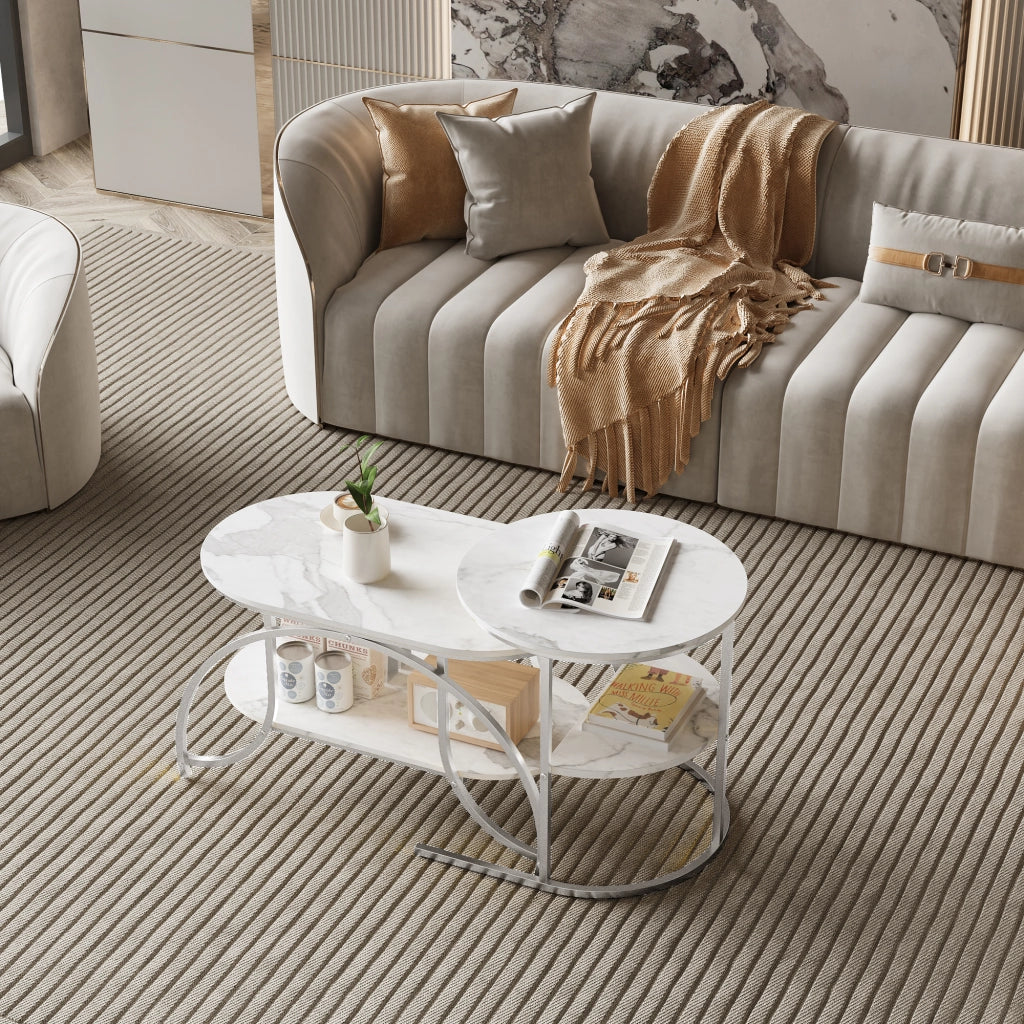 Tavolini da salotto set 2 pezzi 80x46x45 cm con contenitore pieghevoli da divano effetto marmo metallo - argento