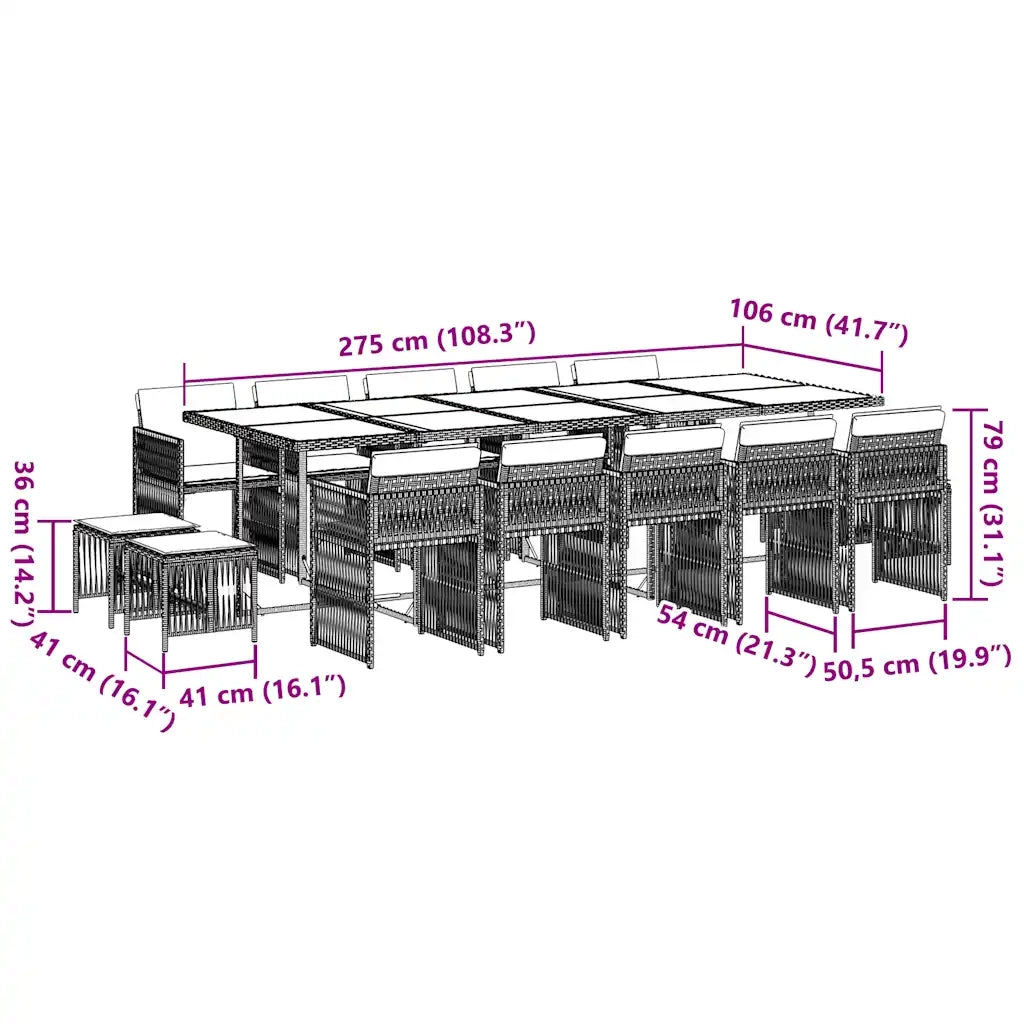 Set da Pranzo da Giardino 15 pz con Cuscini Marrone Polyrattan 3211713