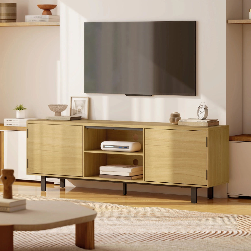 Mobile TV fino a 65 pollici ¨C Xylo ¨C 2 ante a pressione, 2 ripiani, legno naturale 160x35x55,5cm