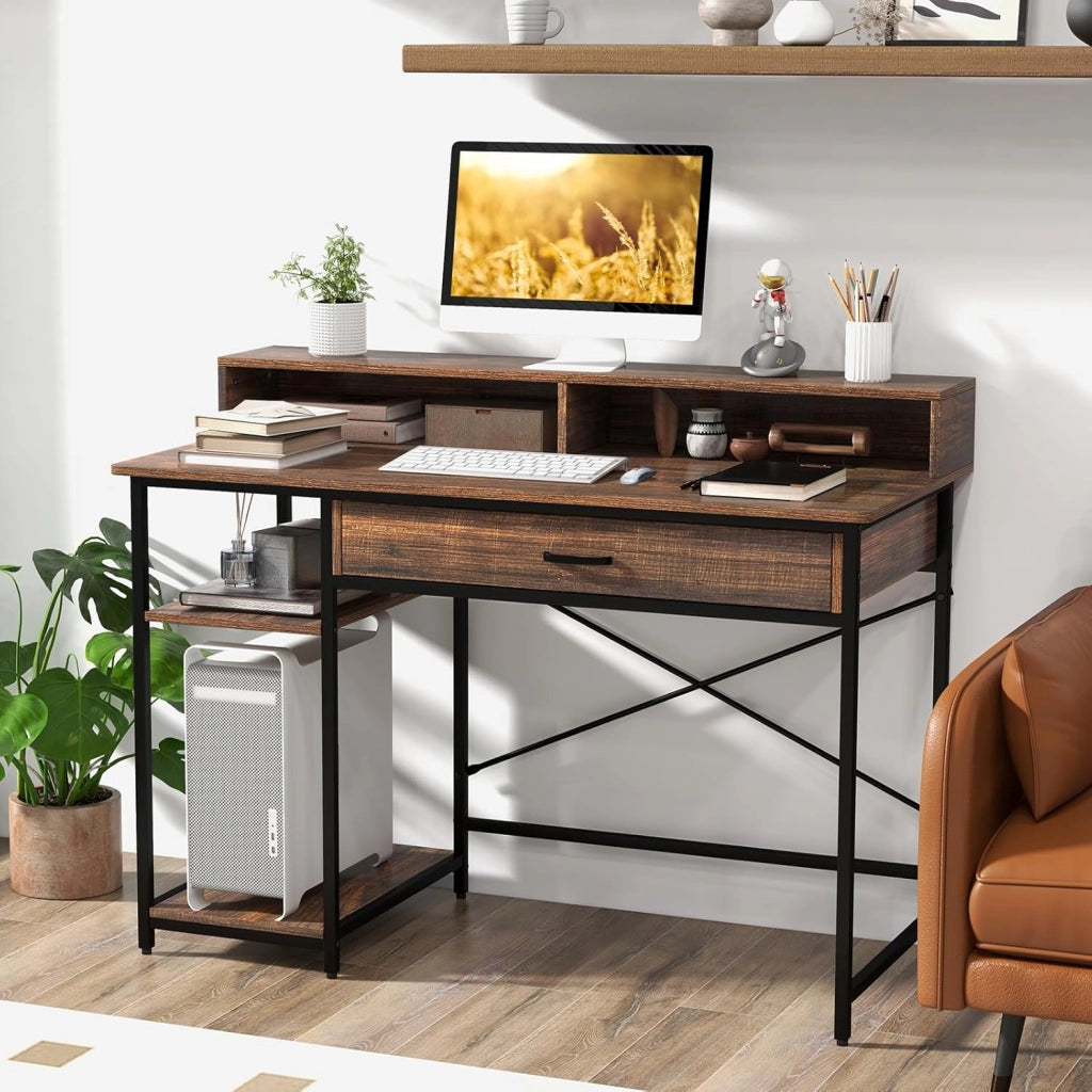 Scrivania con Cassetti, Supporto per Monitor e Ripiani Aperti, Scrivania Salvaspazio per Computer con Struttura in Metallo, Scrittoio per Studio e Ufficio, 120 x 56 x 90,5 cm, Marrone