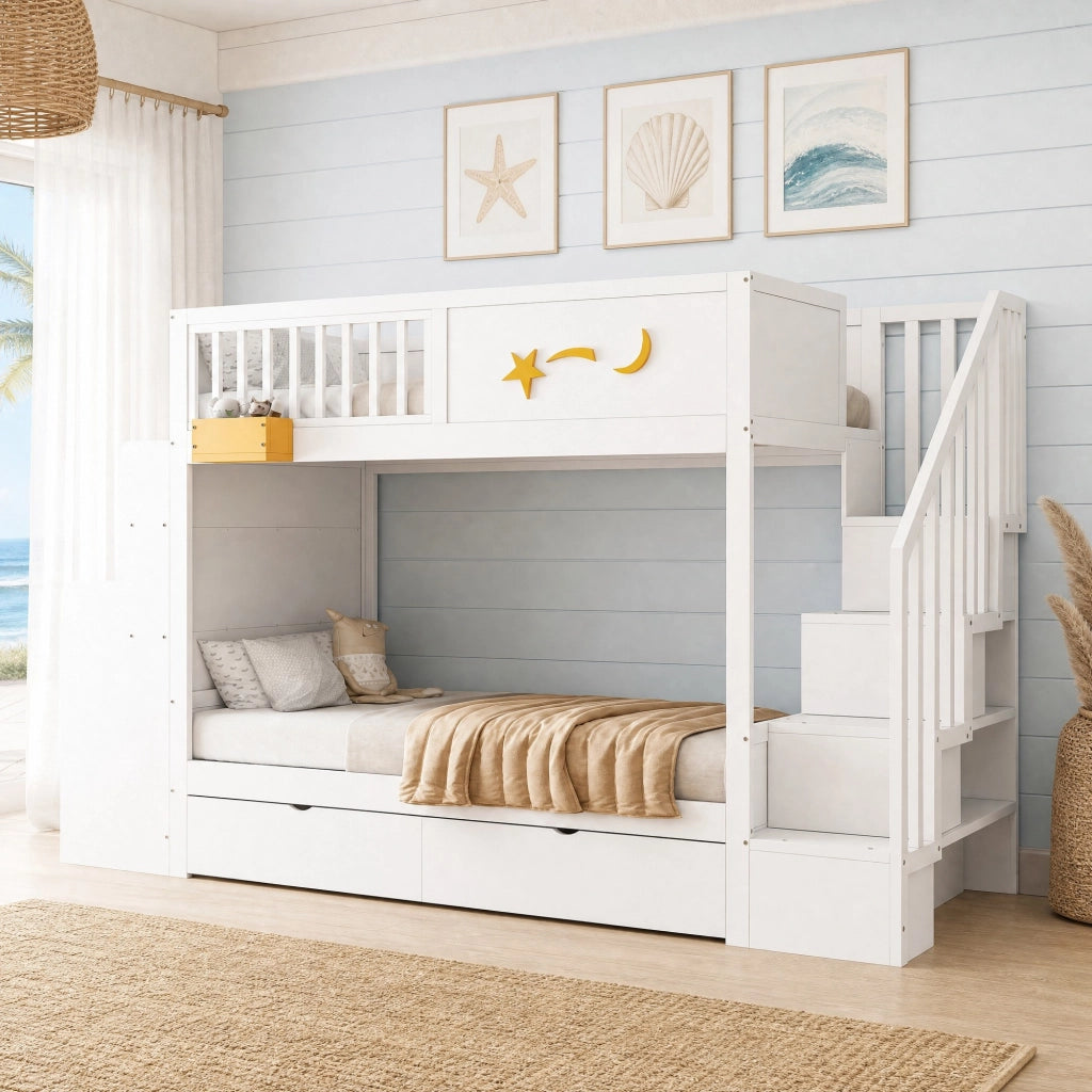 Letto a castello per bambini 90x200 cm in legno di pino bianco con scrivania; scala e cassetti