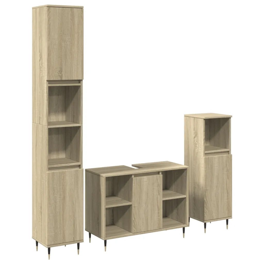 Set Mobili da Bagno | Armadio da bagno 3 pz Rovere Sonoma in Legno Multistrato
