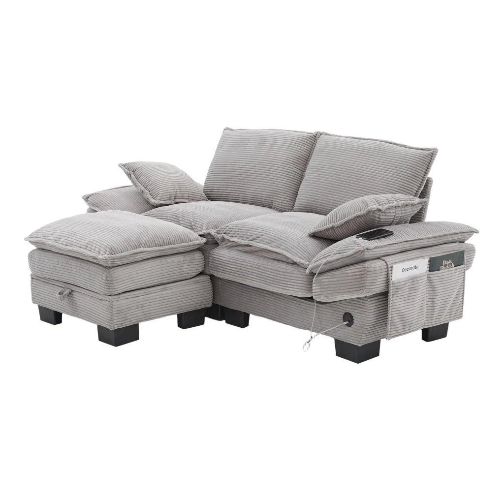 Divano 2 Posti con Poggiapiedi ¨C MINIMAL ¨C Tessuto Grigio Chiaro, Cuscini, Tasche Laterali