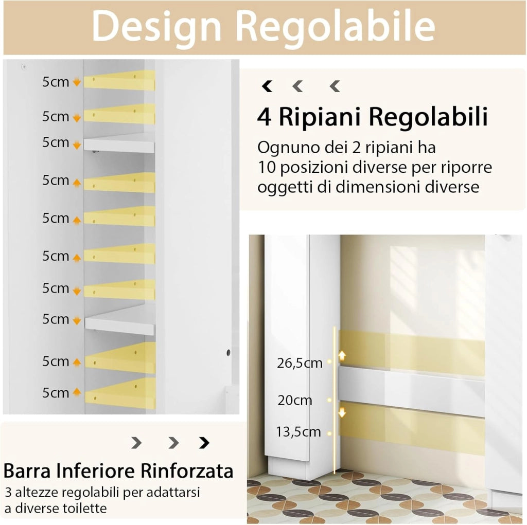 Scaffale Sopra WC, Mobile per Bagno con Doppia Anta, 2 Scomparti Aperti e 4 Ripiani Regolabili, Scaffale Salvaspazio da Terra per Bagno Lavanderia, 87,5x18x98 cm (Bianco)