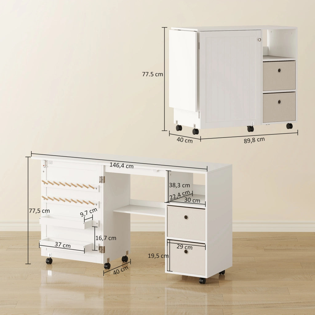 Tavolo da cucito pieghevole ¨C zephmum ¨C con cassetti e ruote bianco