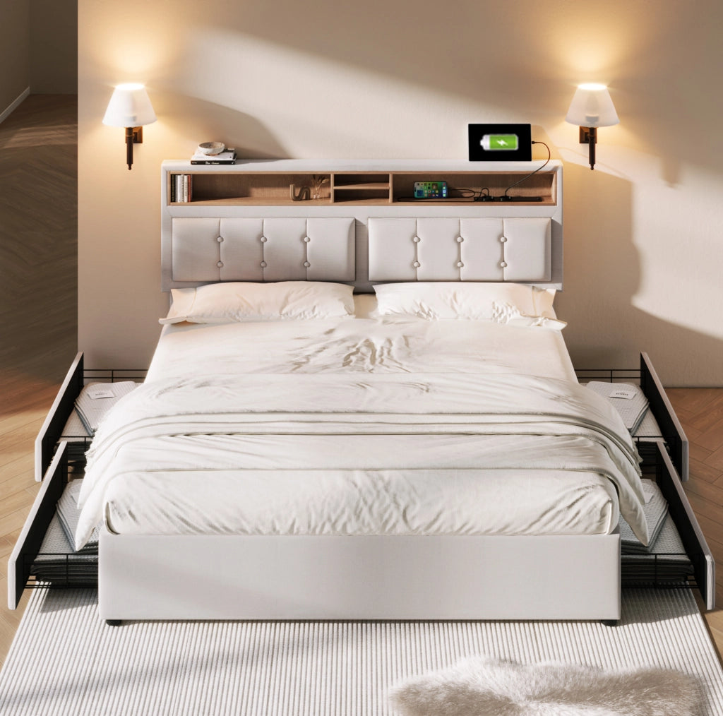 Letto matrimoniale imbottito 160x200 cm in lino beige con 4 cassetti; testiera regolabile e prese USB