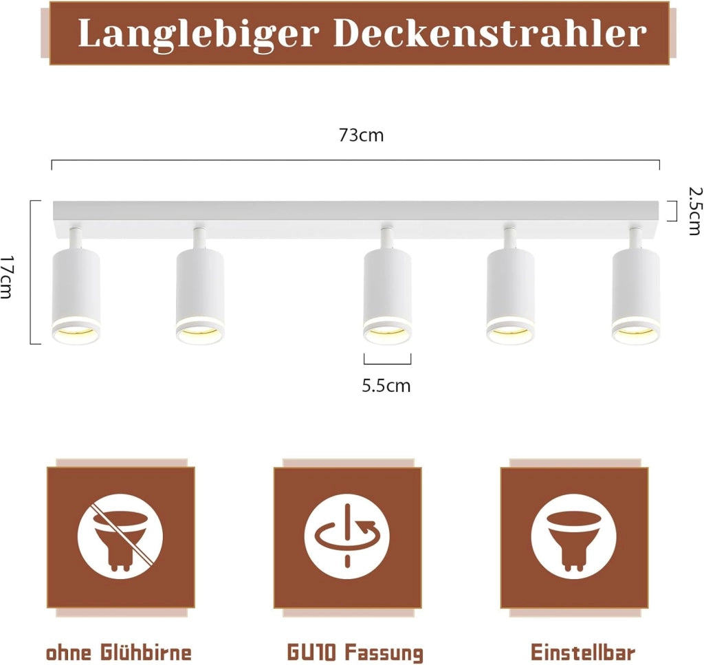 ZMH Faretto da soffitto Bianco 5 Luci GU10 Orientabile da Interno in Metallo per Soggiorno Corridoio Senza Lampadine