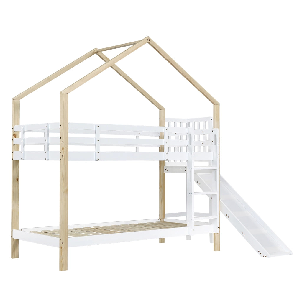 Letto a castello per bambini; 90x200cm; stile casa; con scivolo; scala; ringhiera di sicurezza; bianco