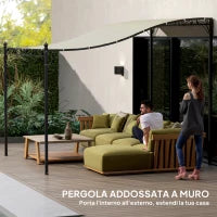 Pergola Addossata Ricurva con 16 Fori di Drenaggio, in Metallo e Poliestere, 248x298x200/250 cm, Bianco Crema
