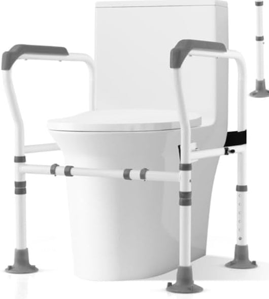 Supporto di Sicurezza Telaio Autonomo per WC, Supporto per WC Regolabile in Altezza e Larghezza con Cinghia di Fissaggio, Con Ventose Antiscivolo (Grigio)