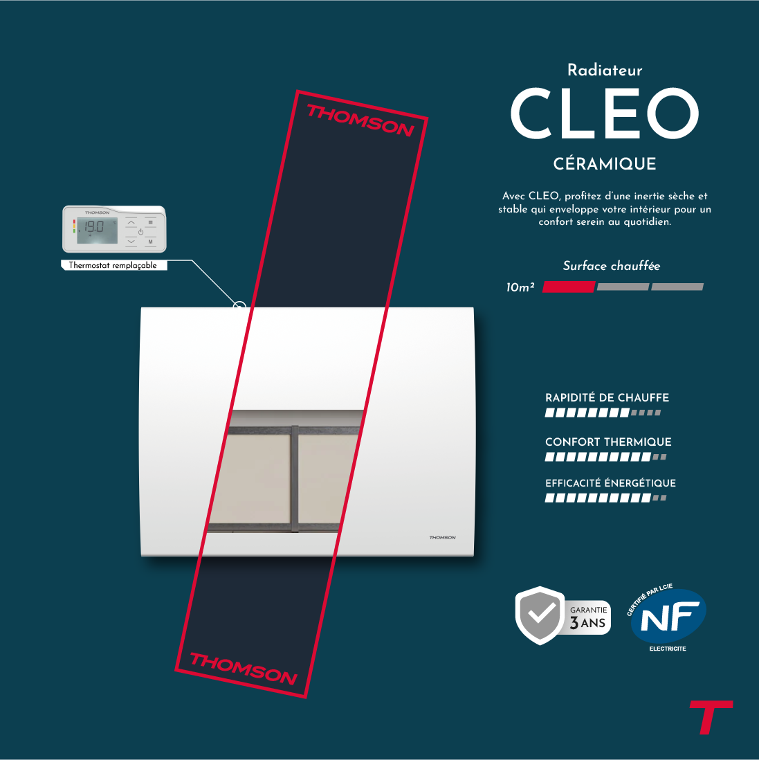 Radiatore elettrico a inerzia in ceramica secca Thomson con termostato intercambiabile 1000W cleo