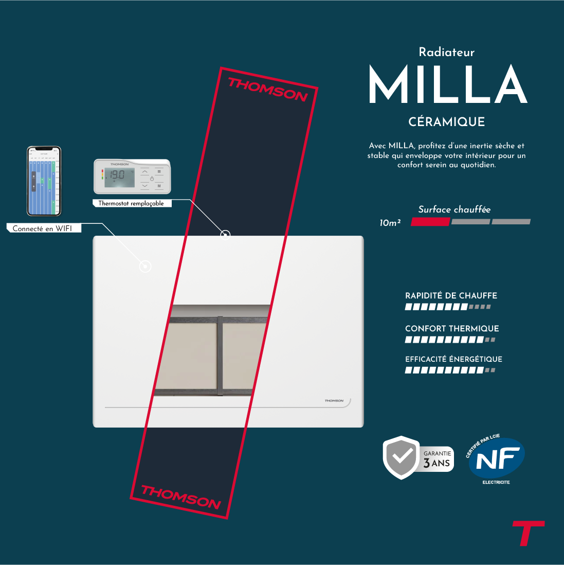 Radiatore elettrico Thomson WiFi con inerzia in ceramica e termostato intercambiabile, 1000W Milla
