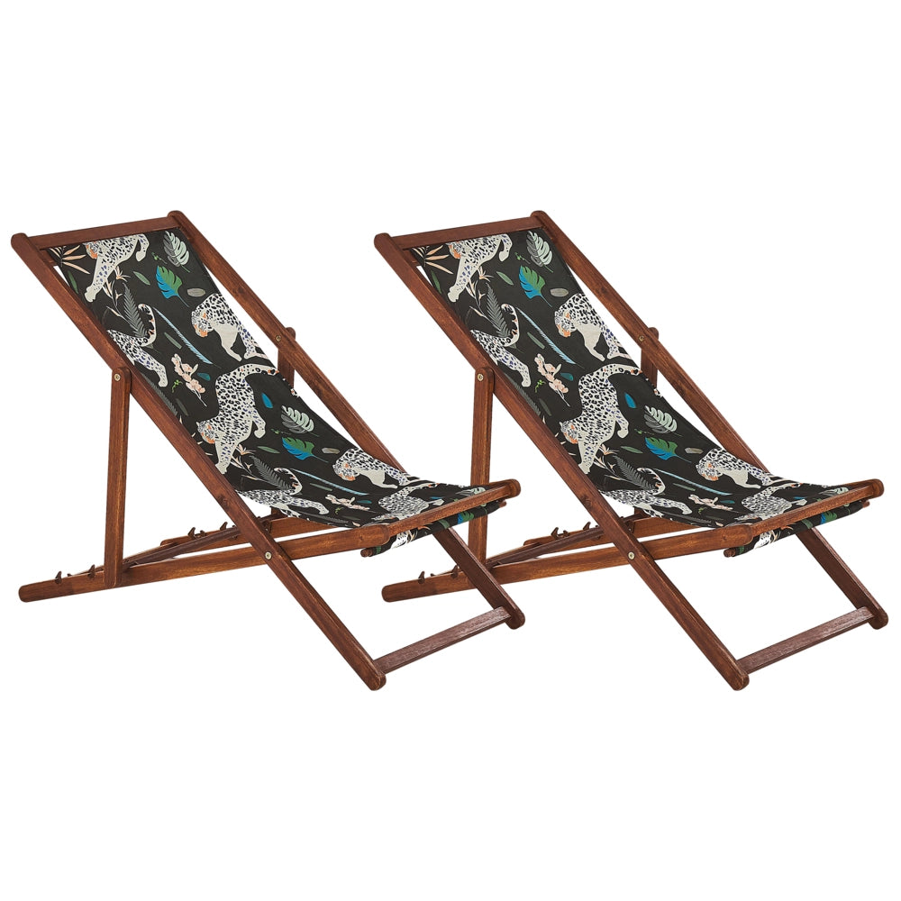 Set di 2 sedie a sdraio da giardino con struttura in legno di acacia scuro motivo animale tessuto amaca sedile reclinabile
