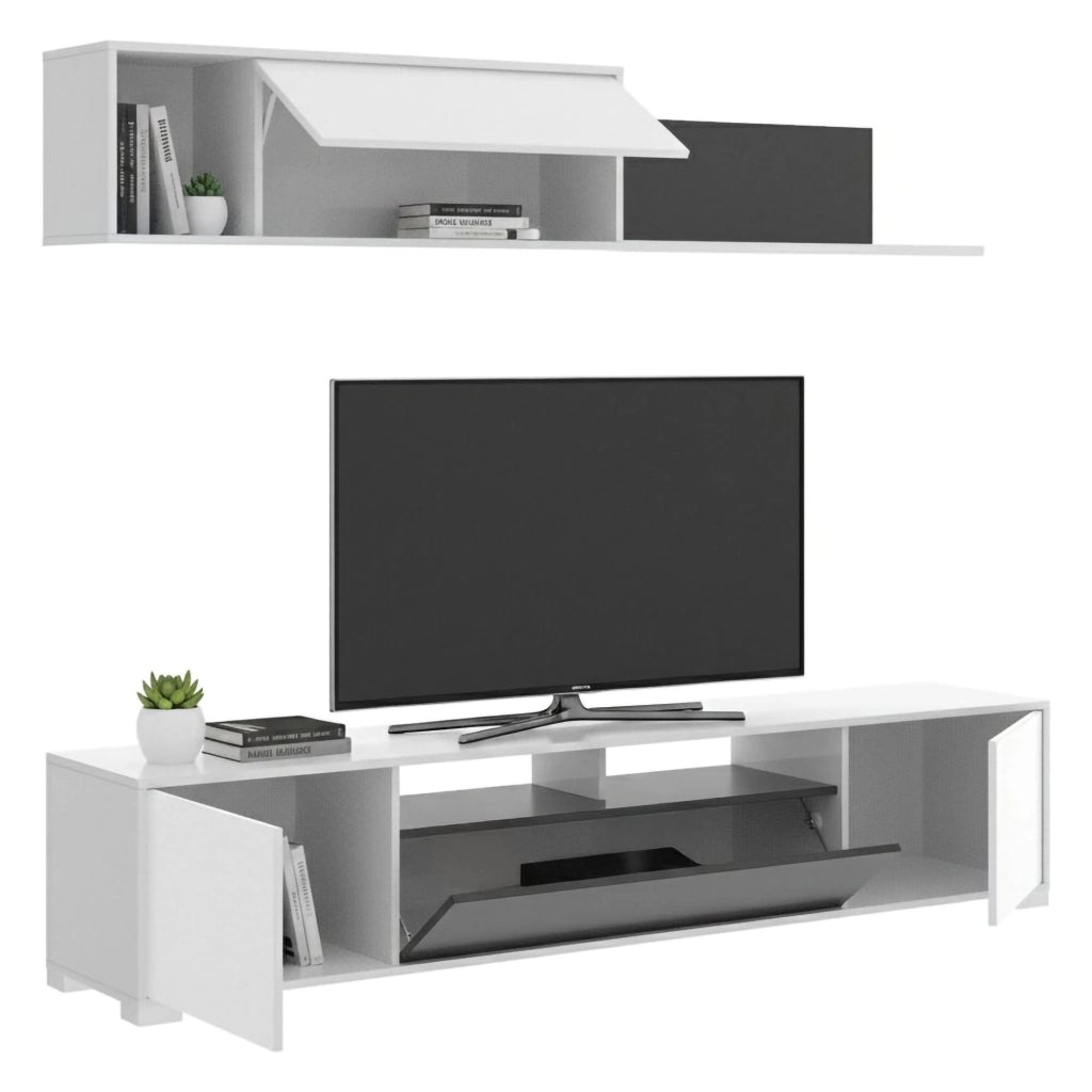 Parete attrezzata Abbete, Set da soggiorno porta TV, Mobile salotto multiuso, 200x41h180 cm, Bianco e Antracite