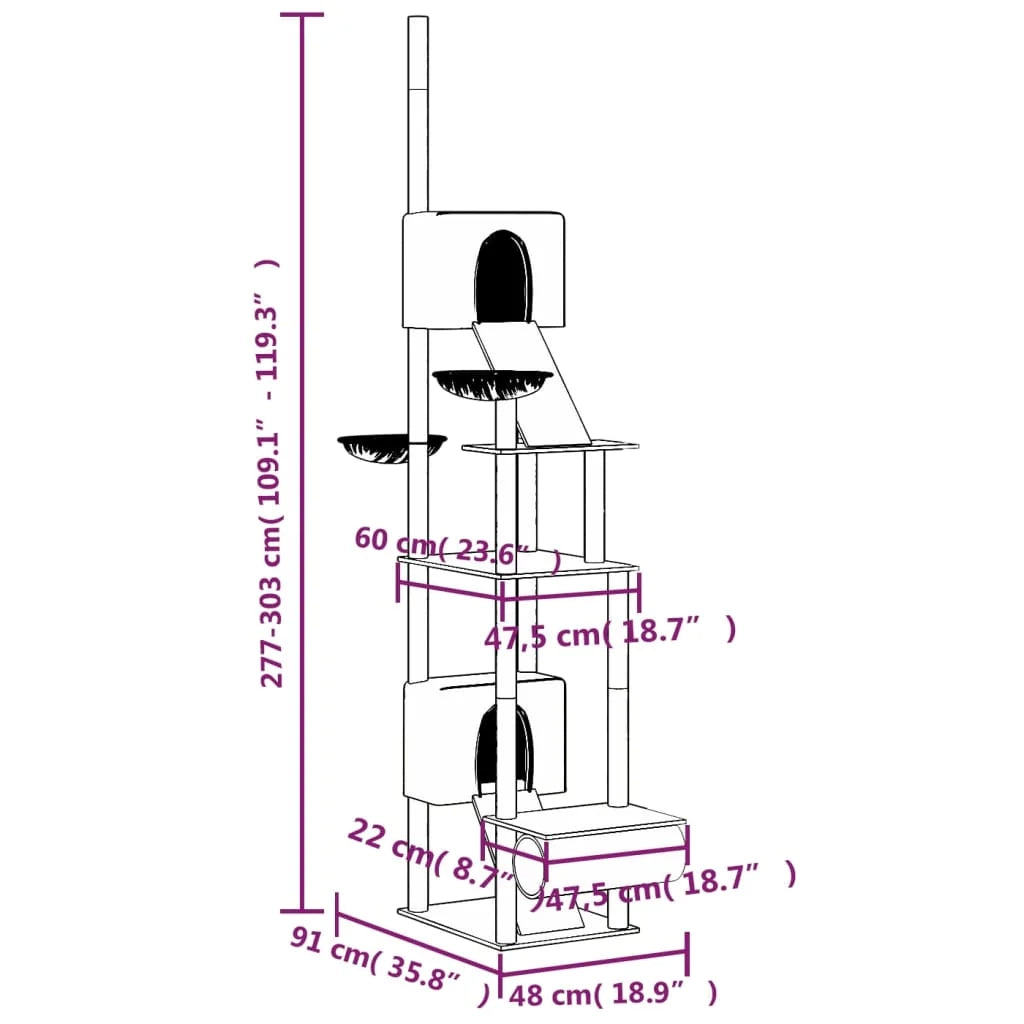 Tiragraffi per gatti mobile torre da arrampicata giocattolo tiragraffi piattaforma da arrampicata dal pavimento al soffitto scuro 277-303 cm grigio 02_0022762