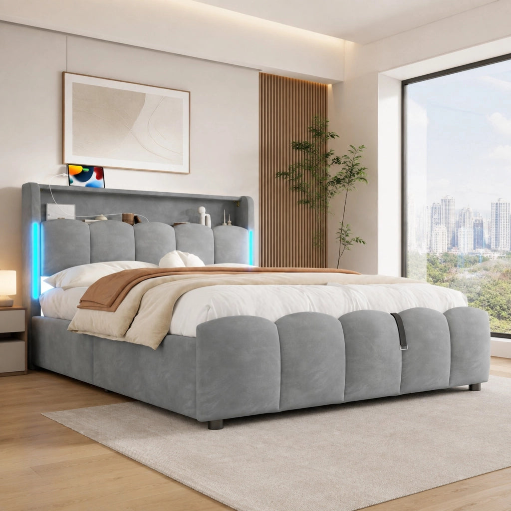 Letto matrimoniale imbottito 140x200 cm in velluto grigio con LED; contenitore e porte USB