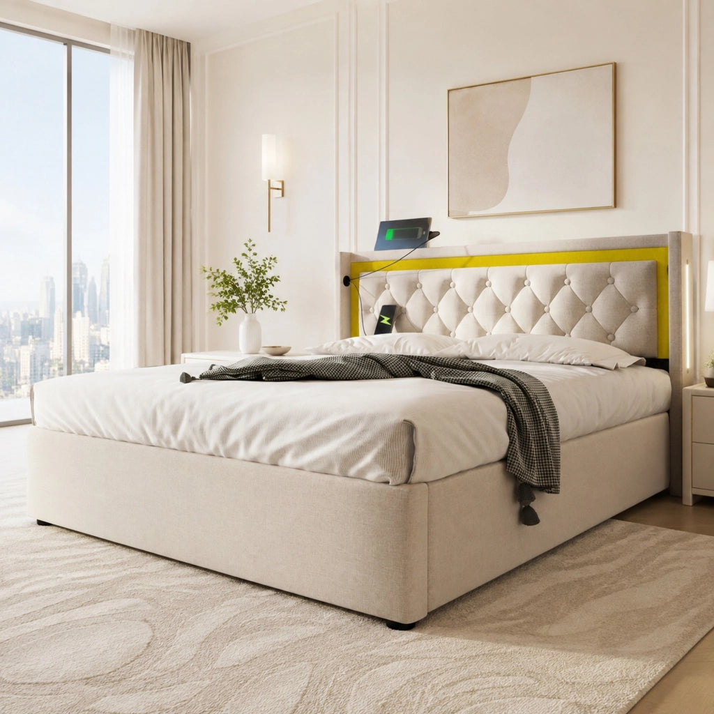 Letto matrimoniale 140x200 cm con contenitore, LED, USB e Type-C, beige chiaro