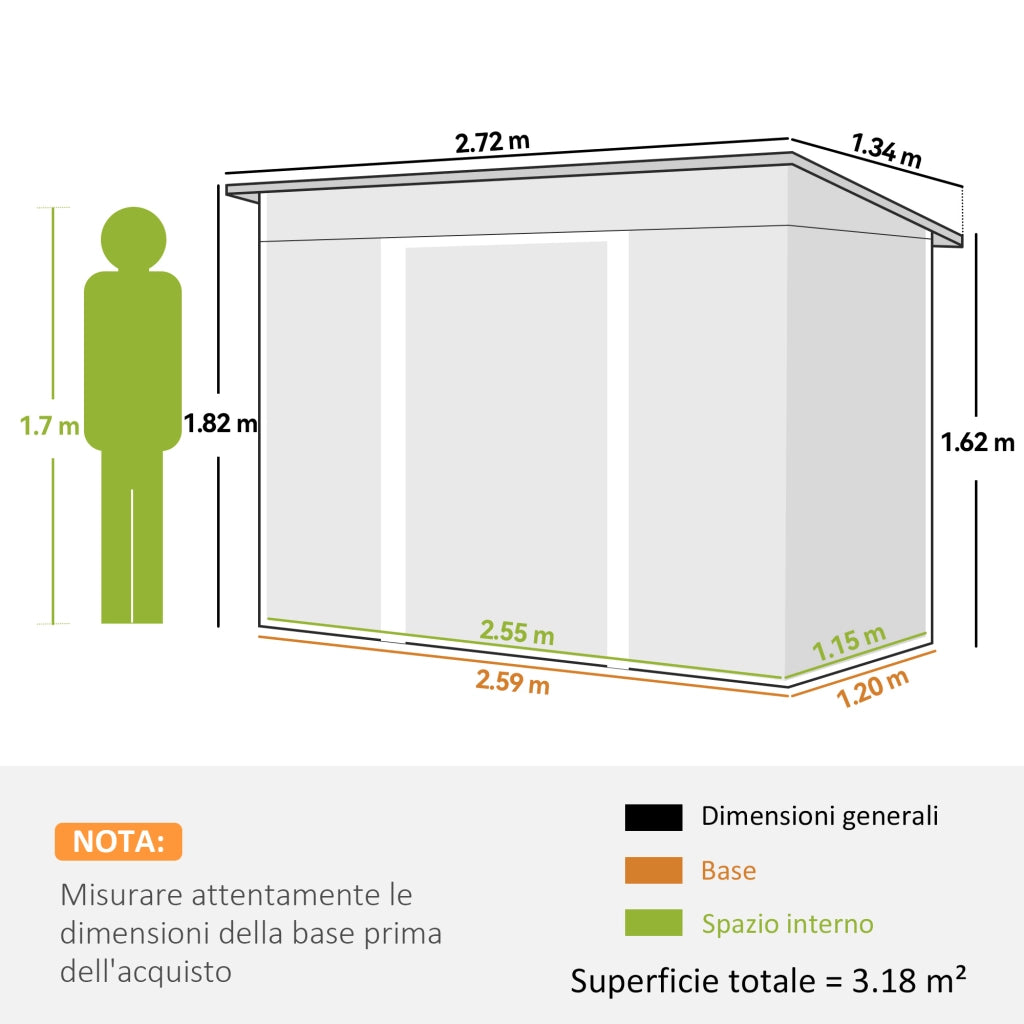 Casetta da Giardino 272x134 cm con Porte Scorrevoli Doppie e 2 Prese d'Aria in Acciaio Verde