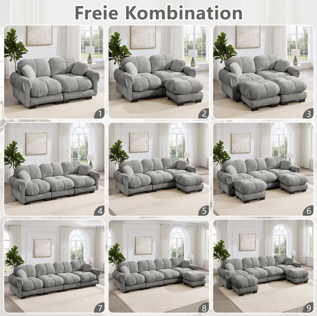 Divano angolare a L in ciniglia con pouf mobile e cuscino; grigio chiaro; 330×149×90 cm