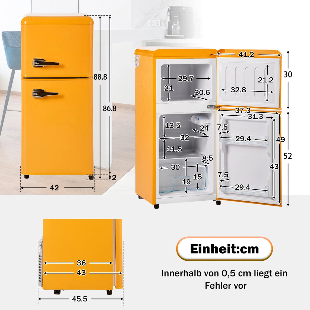 Frigorifero/congelatore in stile retr¨°. Altezza 86,8 cm (88,8 cm inclusa la base), larghezza 45,5 cm, due porte, capacit¨¤ totale 60 litri,