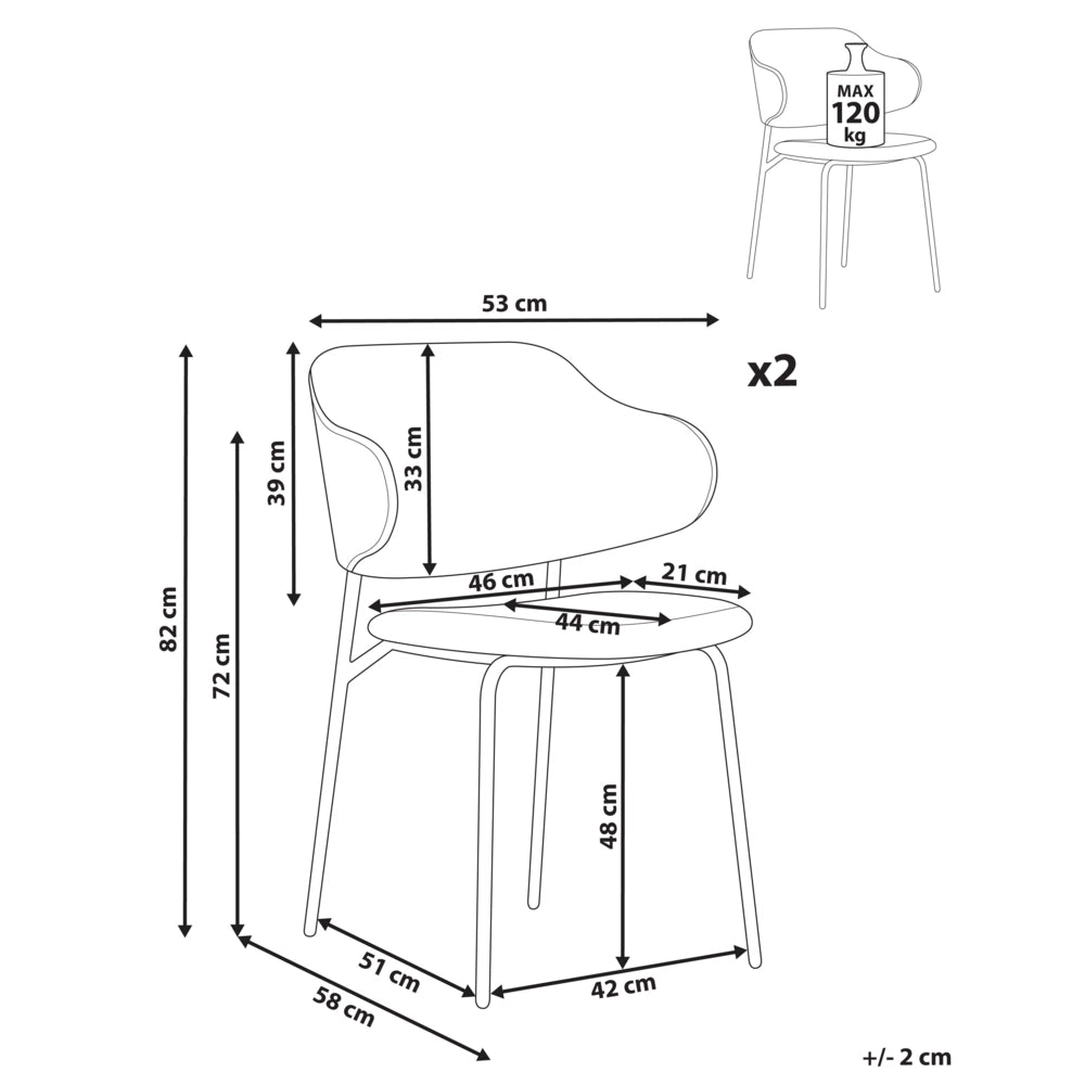 Set di 2 sedie da pranzo Rivestimento in ecopelle marrone Gambe in metallo nero Schienale curvo senza braccioli Design moderno e contemporaneo