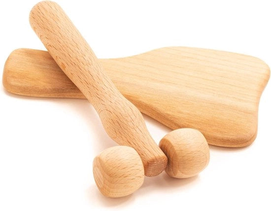 Massaggio multifunzionale a rulli di legno per viso e corpo - Aiuta a ridurre la tensione muscolare e sostiene la salute della pelle, Set a 2 pezzi