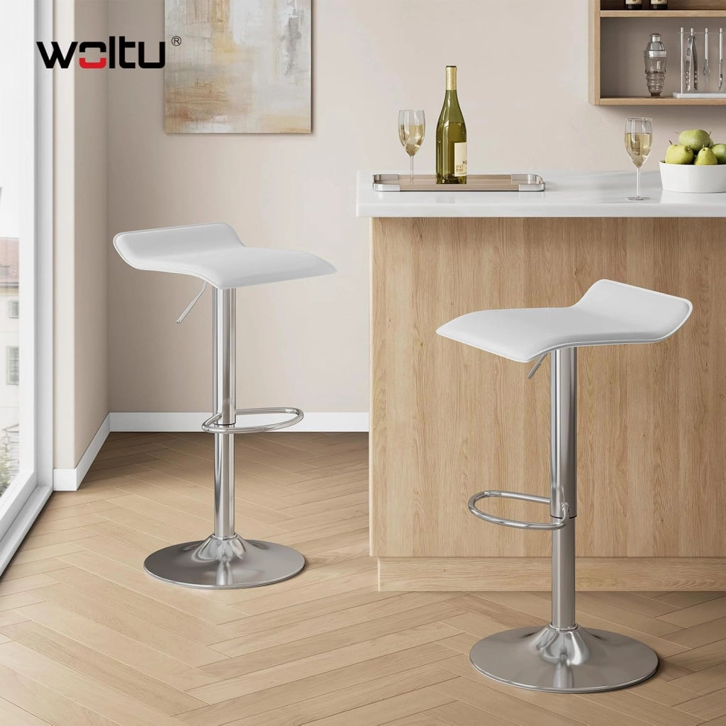 Sgabello da Cucina, Sgabello da Bar Colazione Regolabile in Altezza Girevole a 360°, per Bar, Cucina, Banco, Caffè, PVC+Metallo, con Poggiapiedi, Bianco+Argento
