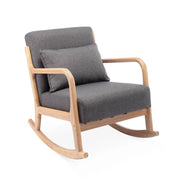 Poltrona scandinava a dondolo in legno e tessuto con braccioli, grigio