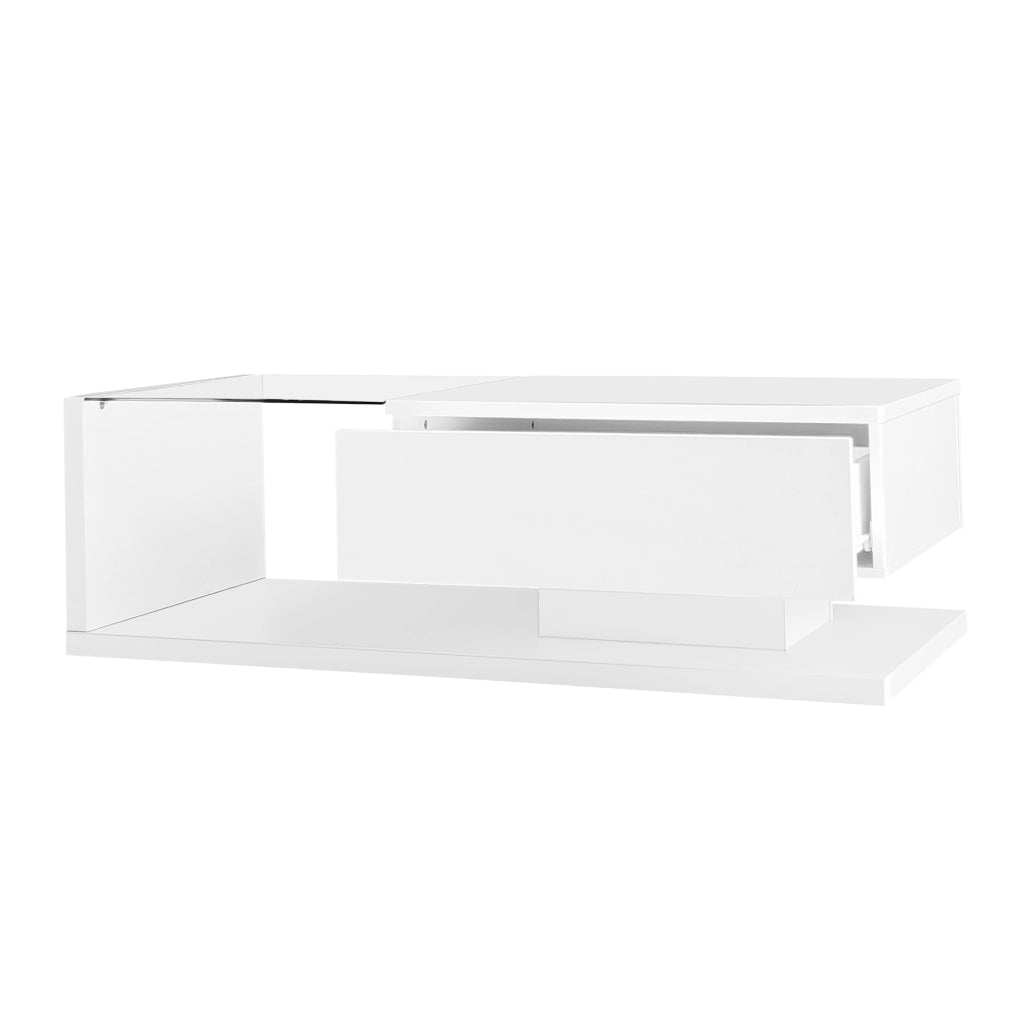 Tavolino da salotto 105x55x32.5 cm; piano in vetro temperato con LED regolabili; pannello truciolare bianco