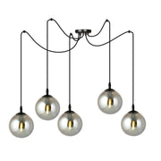 Lampadario 5 Luci Ginevra In Acciaio Nero Con Cavo Lungo E Vetri Fumè