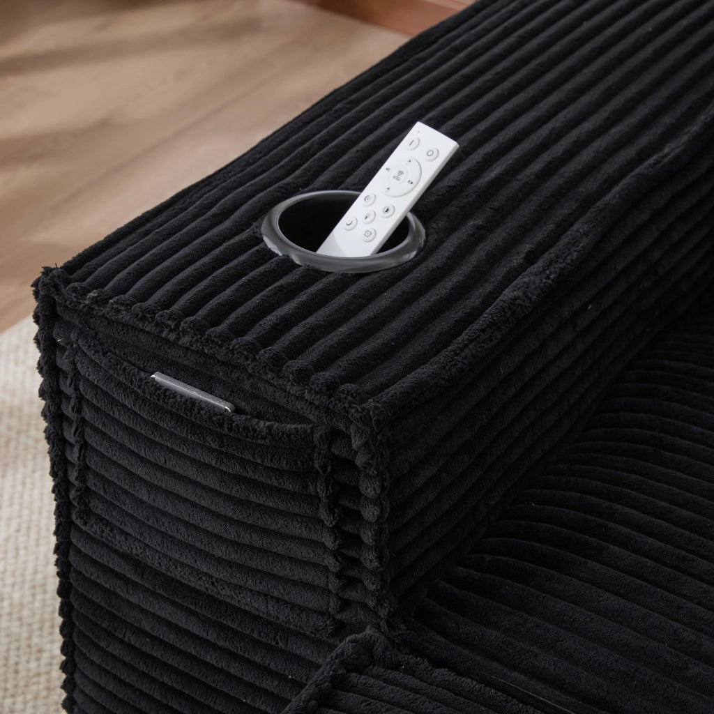 Divano modulare a 2 posti in tessuto corduroy nero con 2 pouf, portabicchieri e tasche laterali