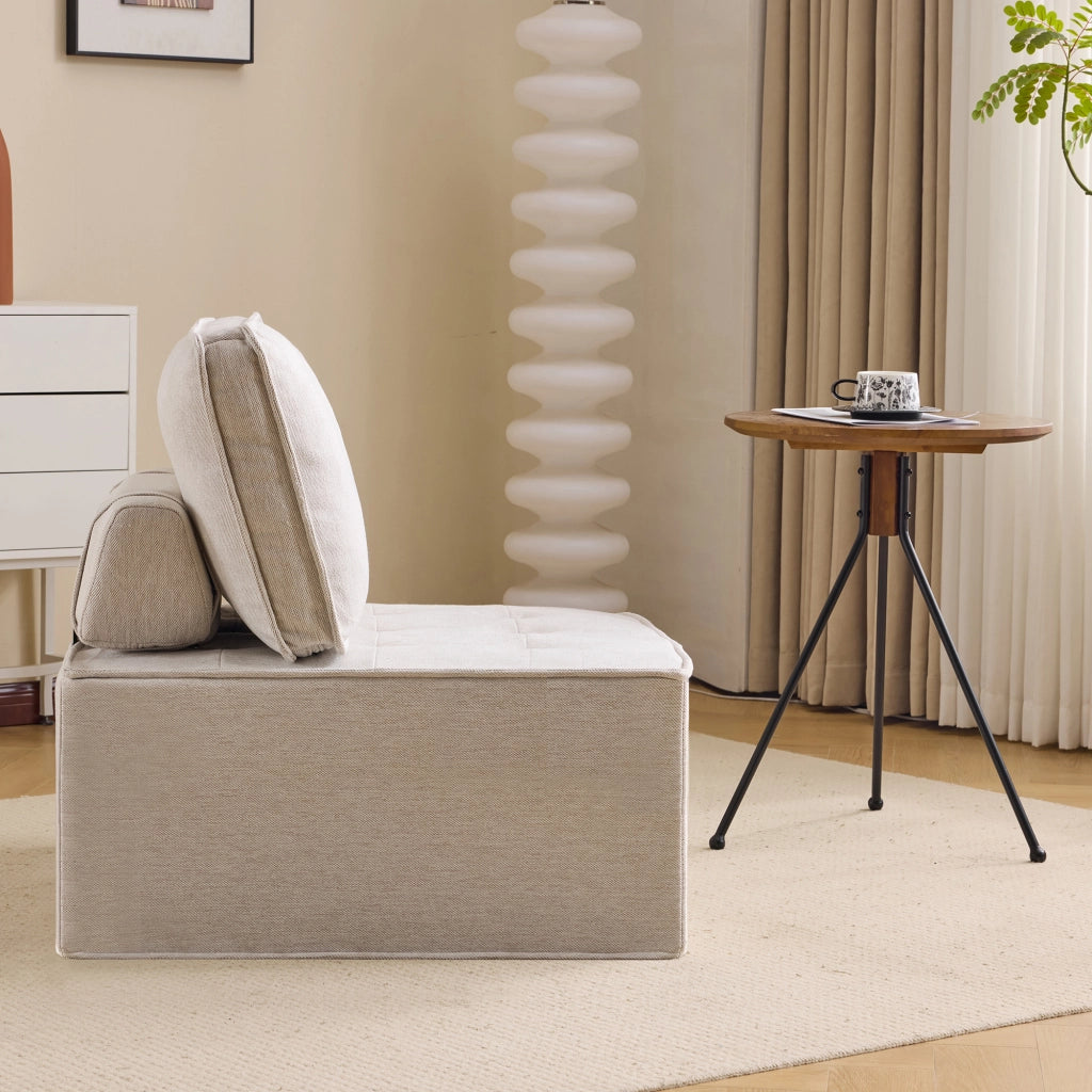 Divano modulare compatto con schienale ergonomico e rivestimento in lino beige facile da spostare per piccoli spazi