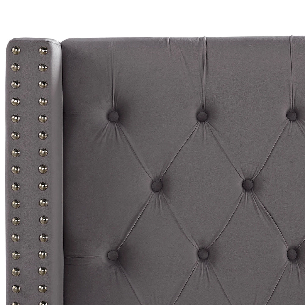 Letto a doghe Velluto grigio imbottito Poggiatesta trapuntato borchie 180 x 200 cm Glam Design