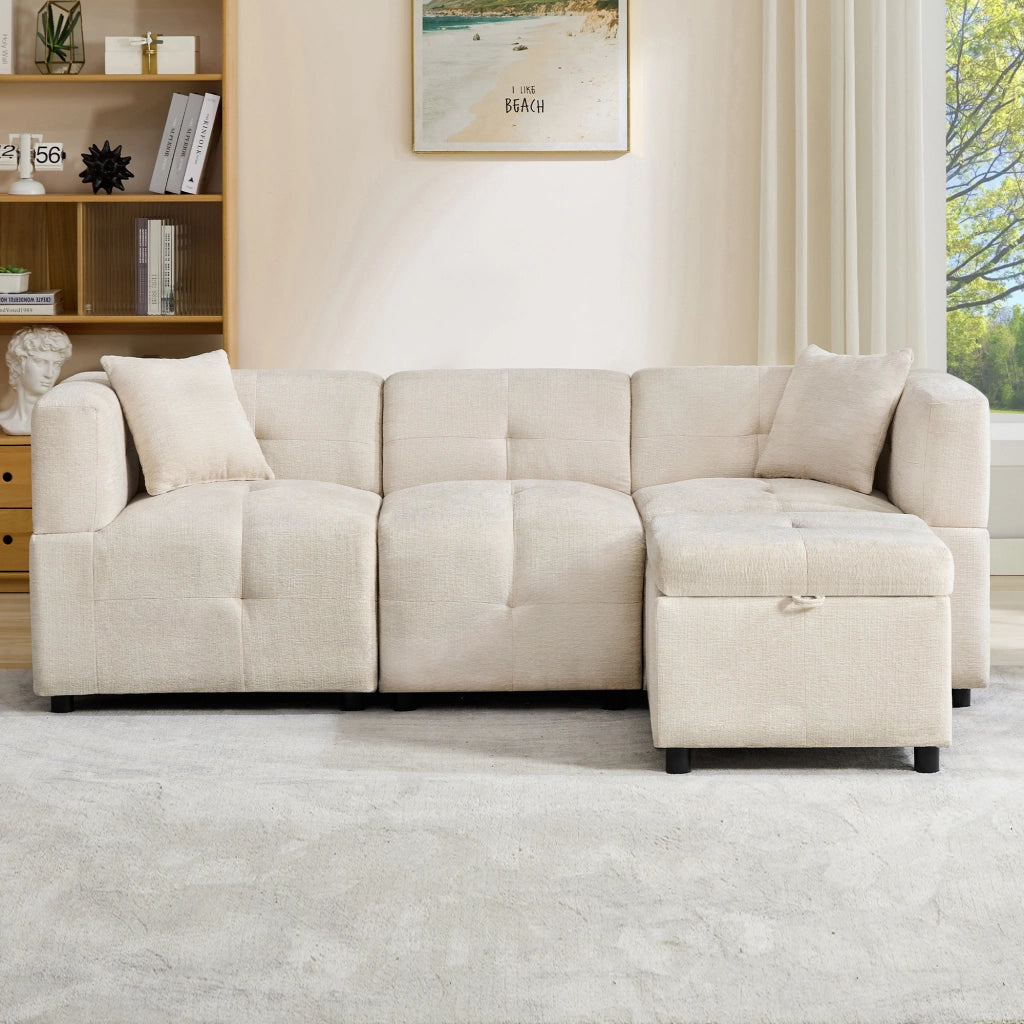 Divano ad Angolo Modulare 3 Posti con Vano Contenitore e Pouf Rimovibile con 2 Cuscini Struttura Stabile in Ciniglia Beige