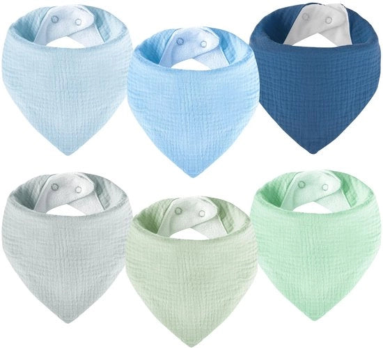 Set di 6 Sciarpe Muslin per Bambini Assorbenti in Cotone, Driehoek, Halsdoek, Slabbetje per Bambini, 6 pezzi (Blu e Verde)