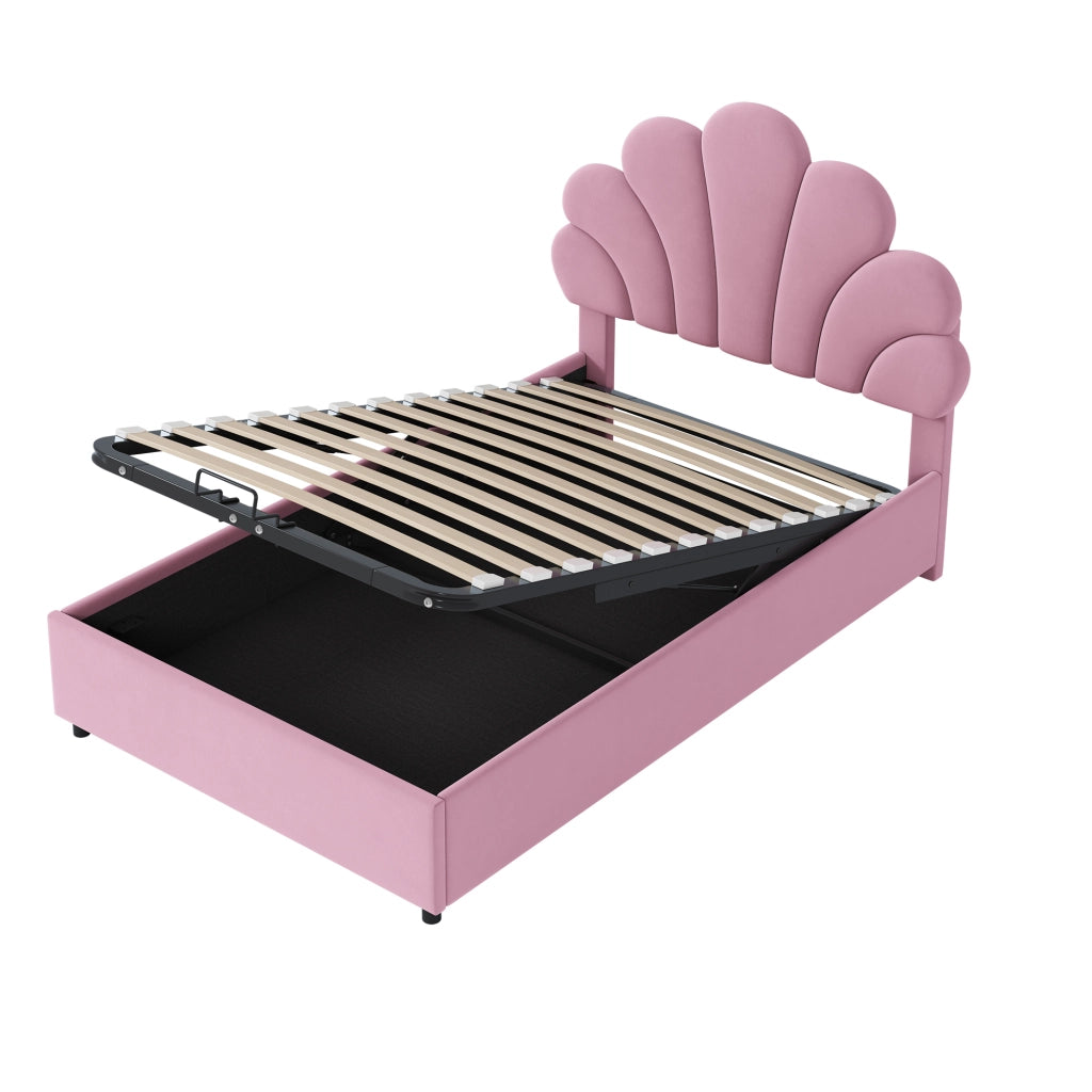 Letto Contenitore Letto Singolo 90×200 cm con Testiera Regolabile e Apertura Idraulica; senza Materasso; Rosa