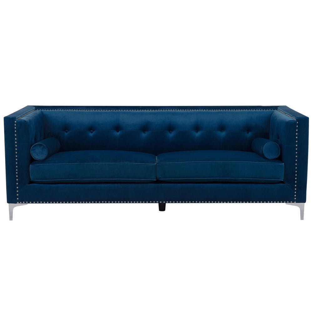 Divano in velluto a 3 posti Glamour blu navy con bottoni sul retro