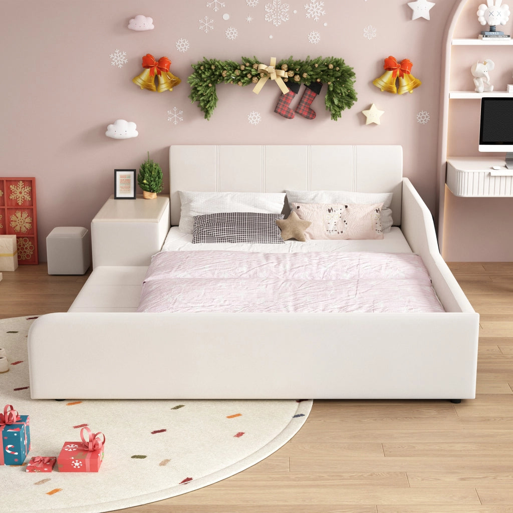 Letto Combinato 140 x 200 cm - Scrivania; Sgabello e Mensola - in Velluto - Bianco