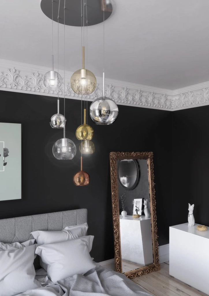 Lampadario Contemporaneo Future Metallo Cromo Vetro Mix Multicolor 8 Luci E27