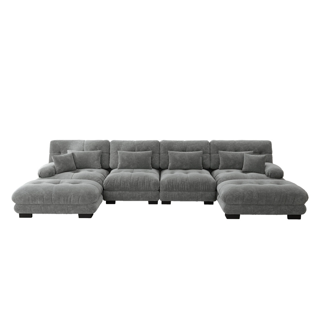 Divano Angolare Modulare a U 4 Posti con Poggiapiedi ¨C MINIMAL ¨C Chenille Grigio