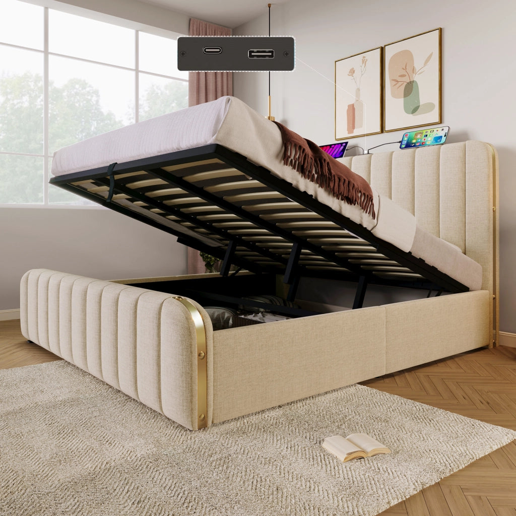 Letto matrimoniale in lino beige 180x200 strisce dorate USB Type-C sollevamento idraulico