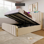 Letto matrimoniale in lino beige 180x200 strisce dorate USB Type-C sollevamento idraulico