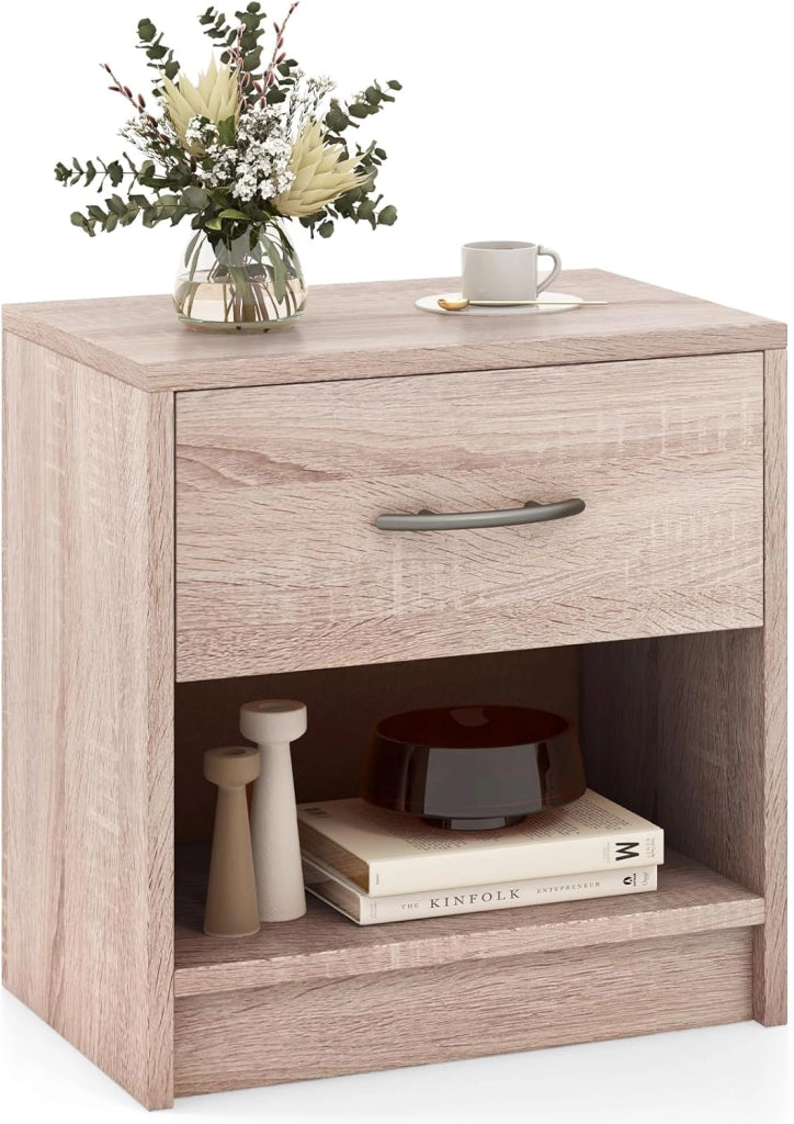 COSTWAY Comodino 38,5 x 28 x 40,5cm in Legno, Tavolino Salvaspazio con Scomparto Aperto e Casseto per Soggiorno e Camera da Letto (Naturale)