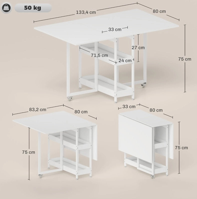 Tavolo da pranzo pieghevole 133,4 x 80 cm bianco, 2 ripiani, salvaspazio