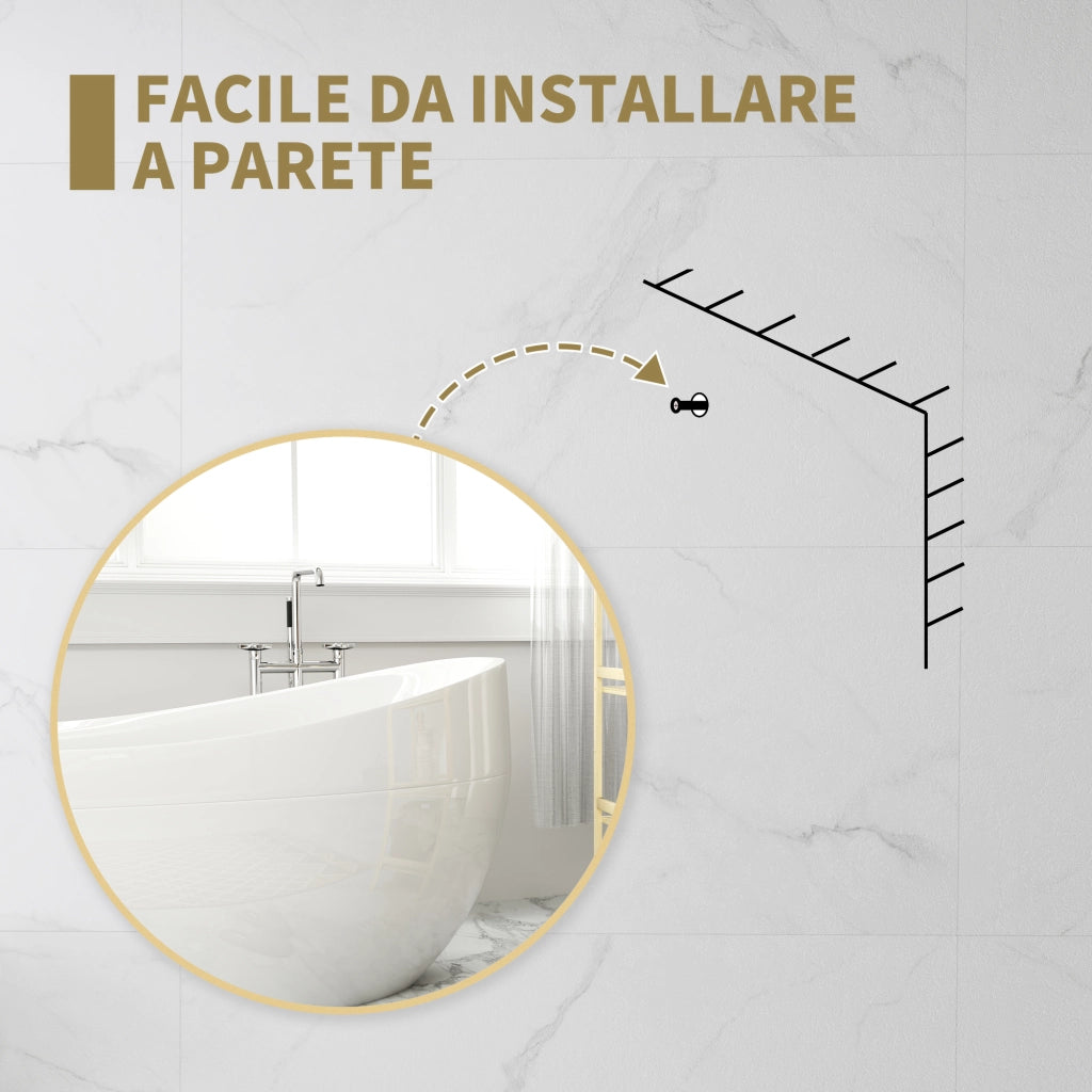 Specchio Rotondo Ø70x2.5 cm con Superficie Antiurto e Struttura in Acciaio Oro