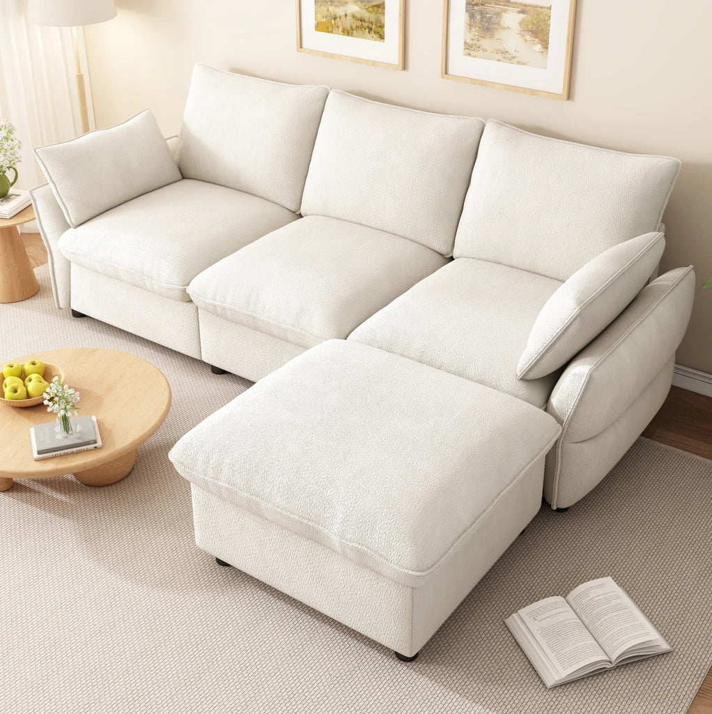 Divano angolare a L in chenille beige con pouf e 2 cuscini, 222,5 x 154,5 cm