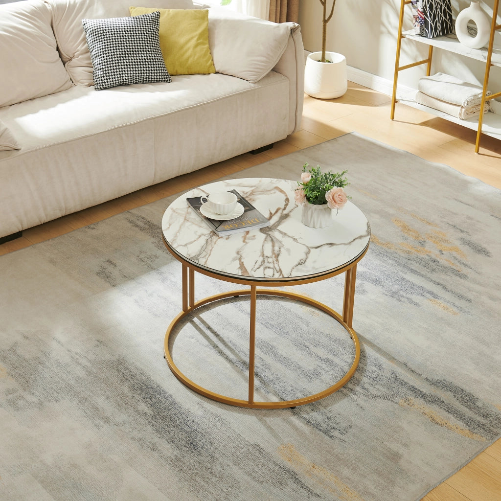 Tavolino Basso da Caffè 'Aulum' Piano Rotondo - Effetto Marmo Bianco / Dorato [en.casa]