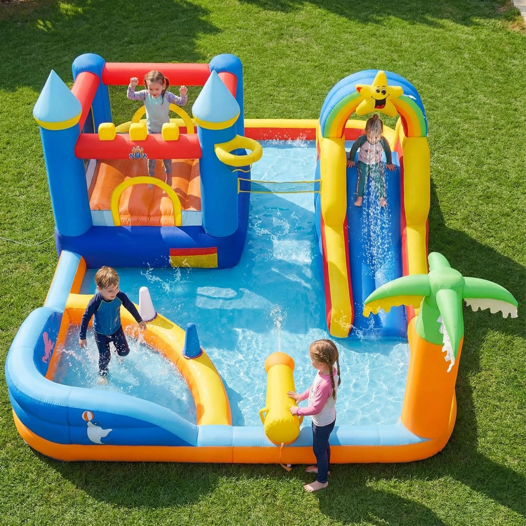 Castello Gonfiabile per Bambini, Grande Parco Acquatico per Bambini con Piscina, Scivolo, Parete d'Arrampicata, Palline Oceaniche e Gioco degli Anelli, per Bambini 3-12 Anni