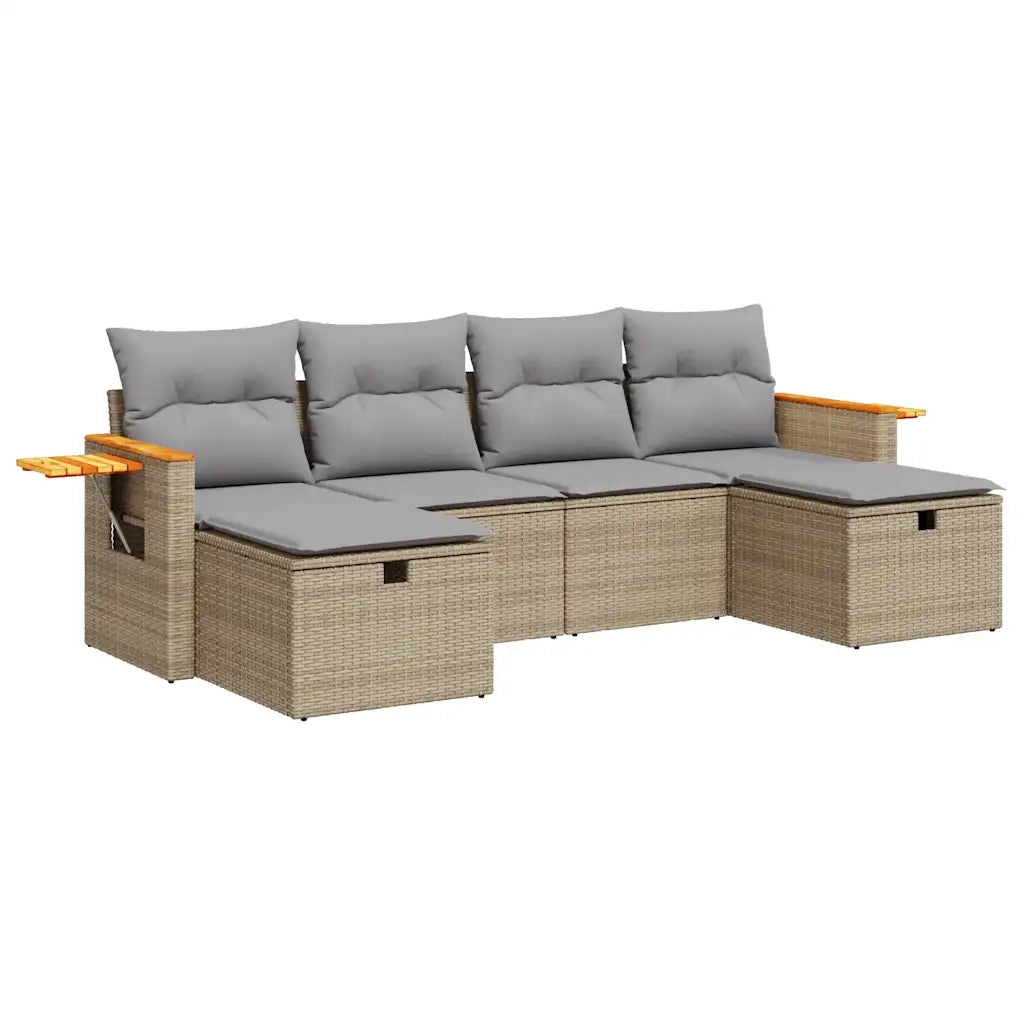 Set Divano da Giardino 6 pz con Cuscini Beige in Polyrattan