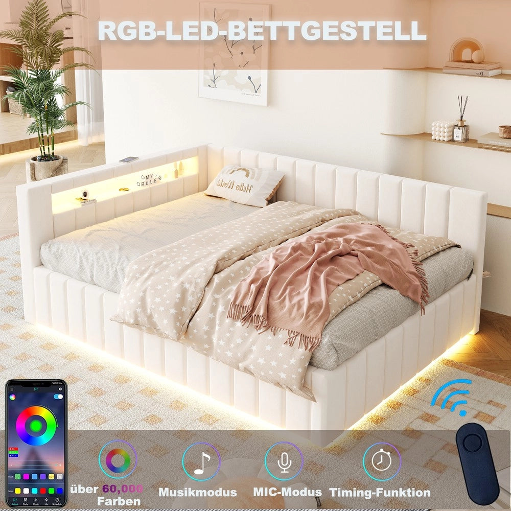 Letto imbottito contenitore con LED ¨C Minimal ¨C 140x200 cm velluto beige